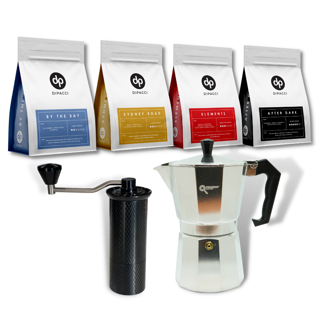 Precision 6 CUP Perculator + Grinder Bundle + Coffee Sample Pack