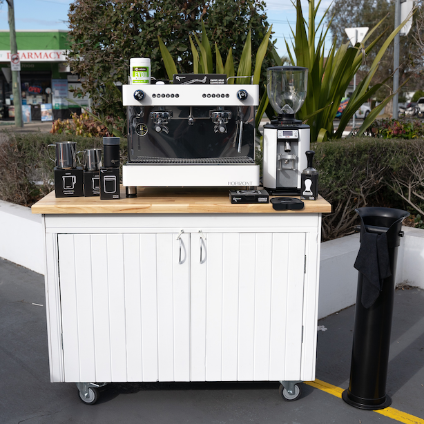 Futurete Horizont, DIP DS-68 Grinder with the NEW Provincial White Wood Coffee Cart & Precision Accessories In White