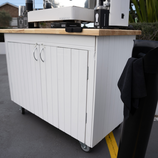Futurete Horizont, DIP DS-68 Grinder with the NEW Provincial White Wood Coffee Cart & Precision Accessories In White