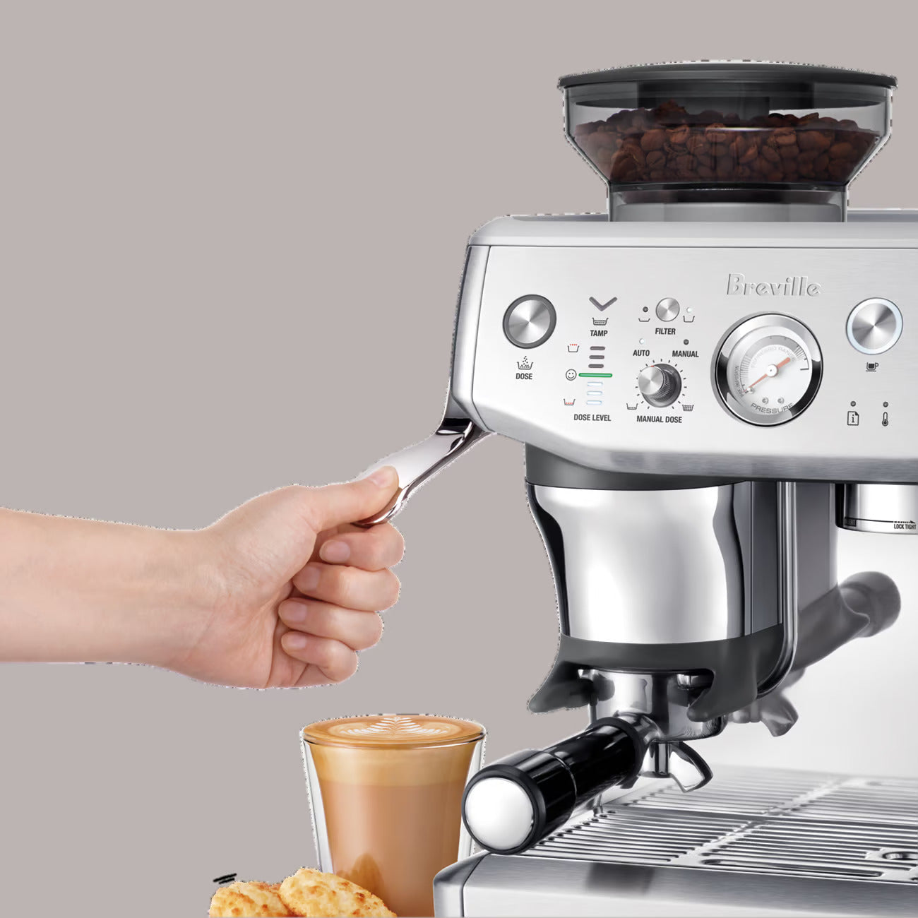 Breville Barista Express Impress Manual Espresso Machine with free coffee and accessories