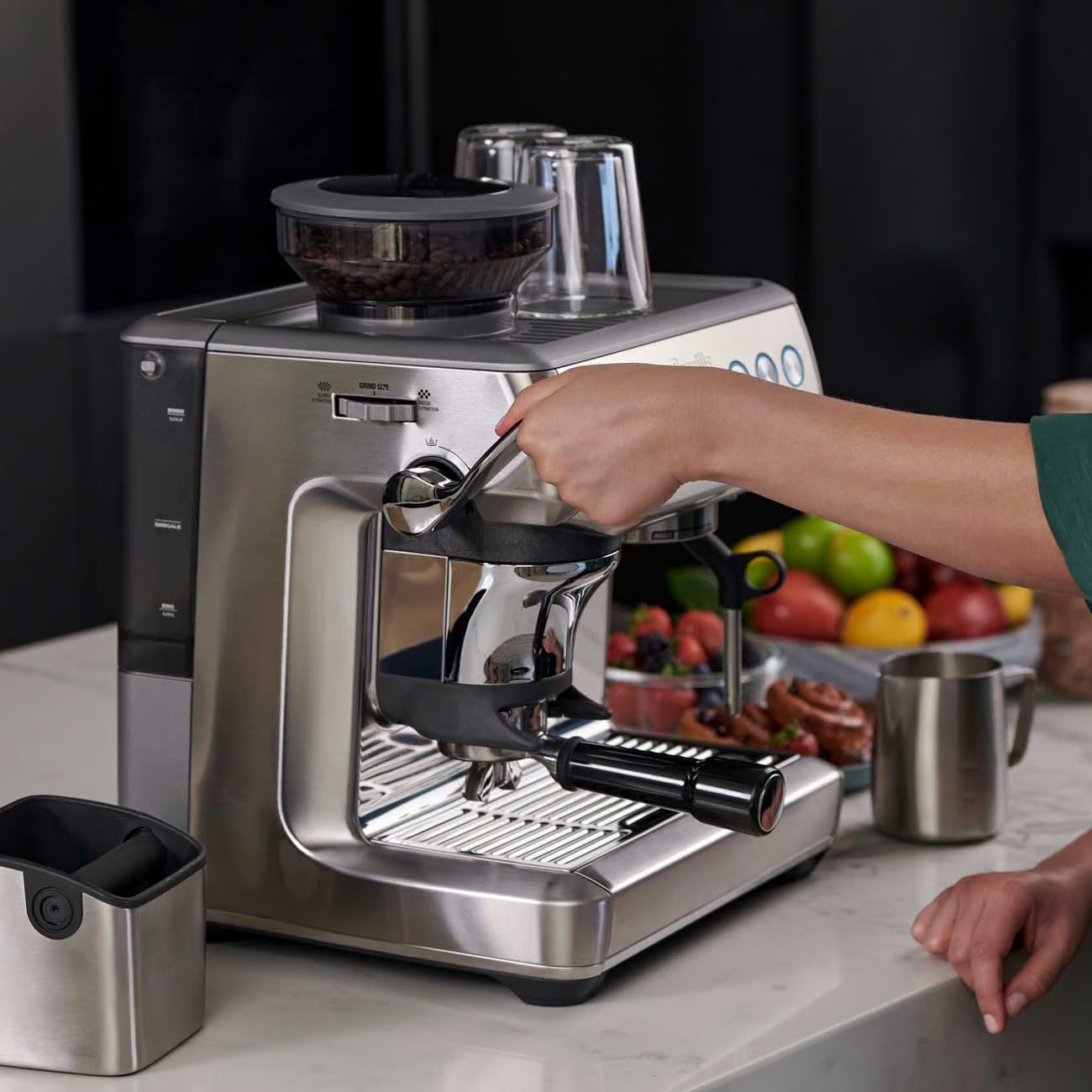 Breville Barista Express Impress Manual Espresso Machine with free coffee and accessories