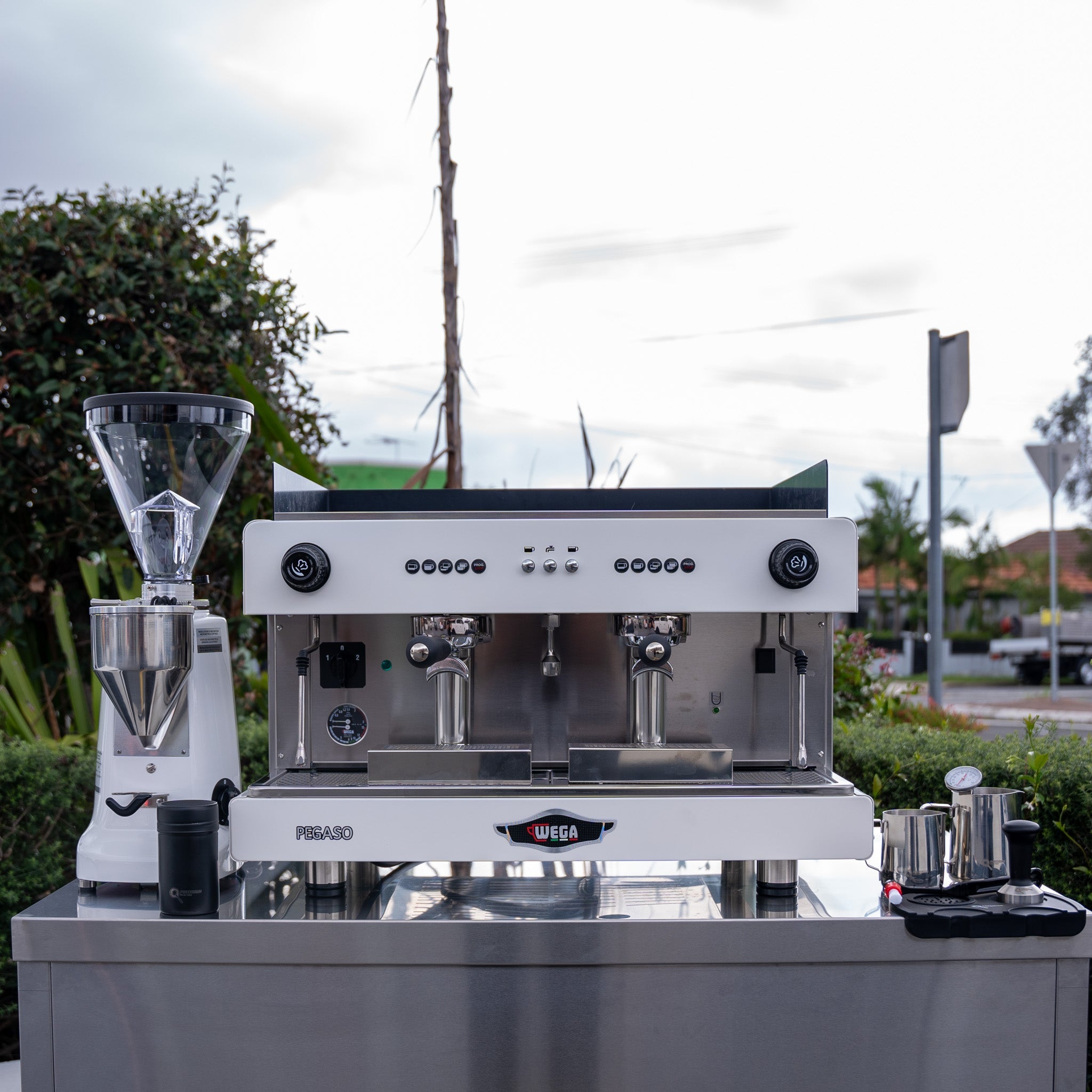 Wega Pegaso & Mazzer Super Jolly E Grinder + Precision Accessories & Stainless Steel Coffee Cart Package