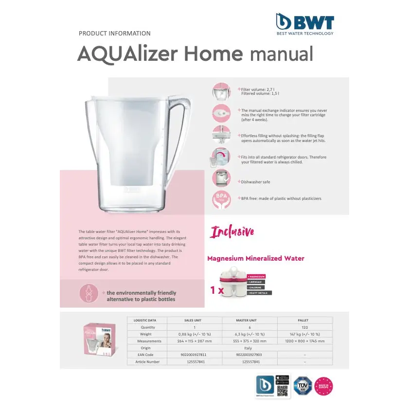 BWT FILTER WATER JUG 2.7 LITRE with 1 Free Filter Cartridges