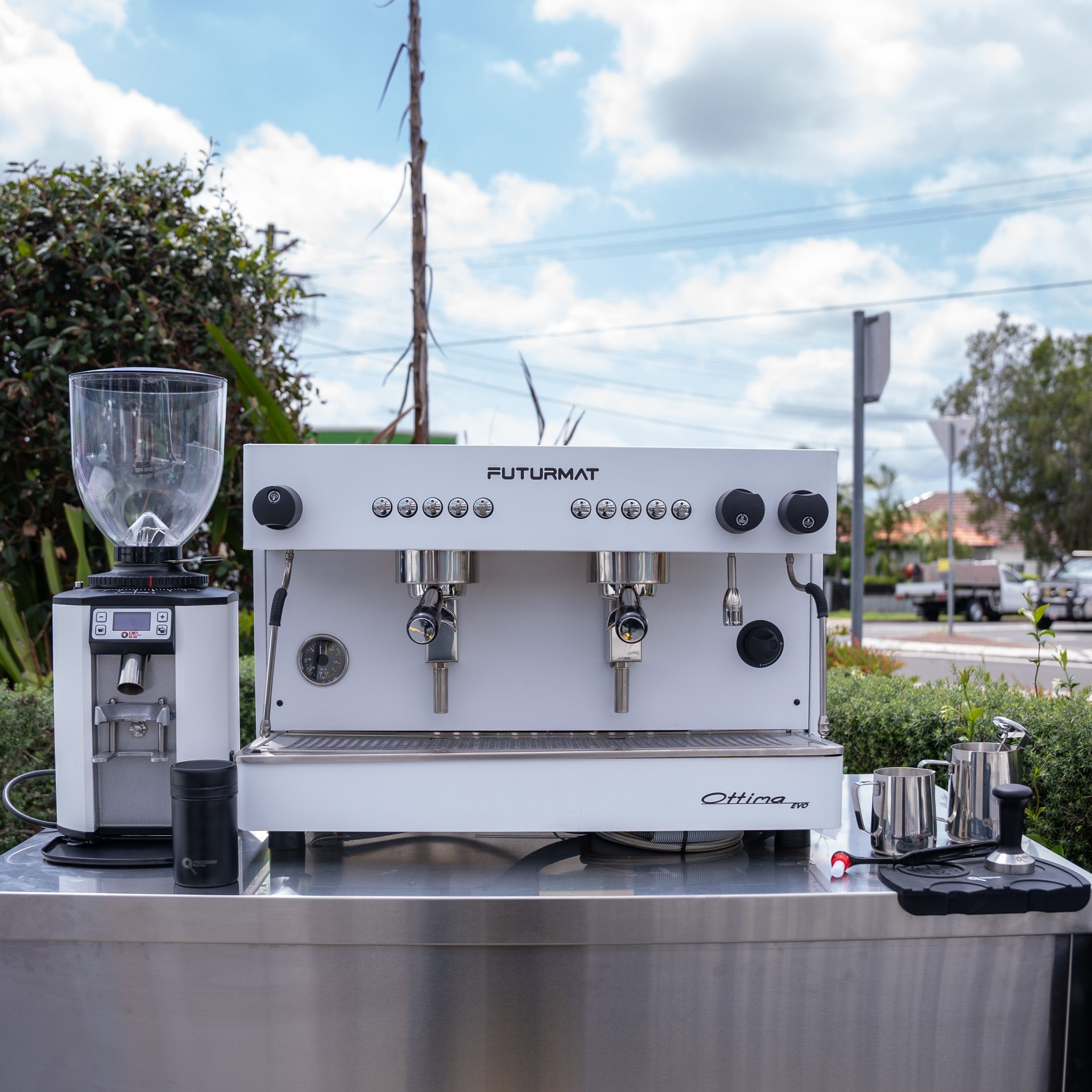 White Futurmat Ottima & DIP DS - 68 Grinder + Precision Accessories & Stainless Steel Coffee Cart Package - Australia - Di Pacci