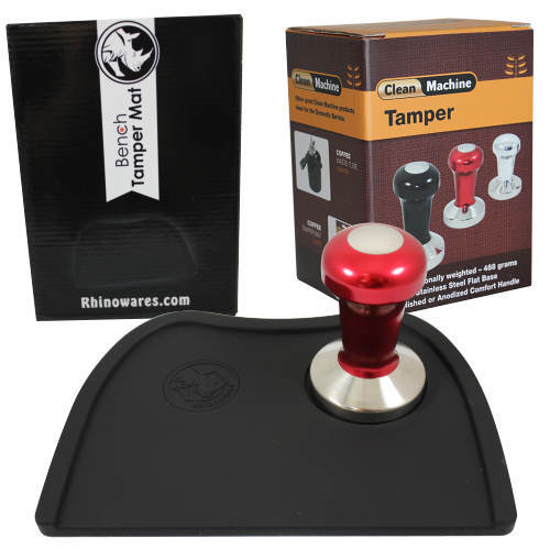 Clean Machine Coffee Tamper & Mat Set Flat Base Anodized Red Handle