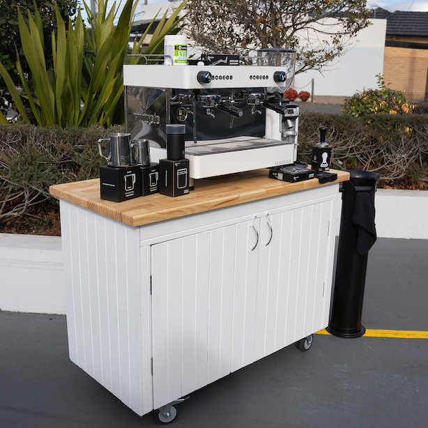 Futurete Horizont, DIP DS-68 Grinder with the NEW Provincial White Wood Coffee Cart & Precision accessories
